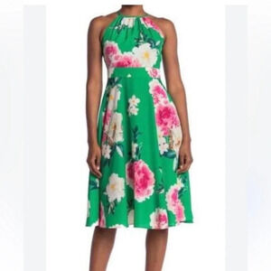 Eliza J size 2 Kelly green pink floral peony halter high neck dress mini